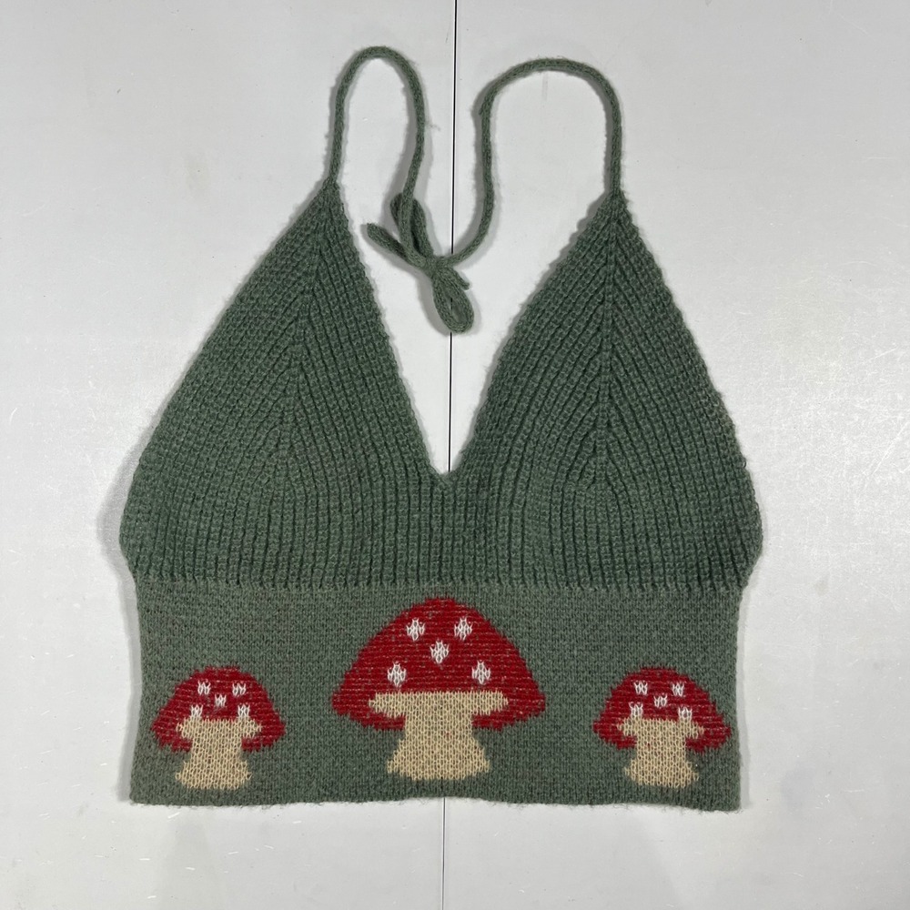 Womens Whimsical Mushroom Indie Knit Halter Top Cottagecore Crop XS Concerts